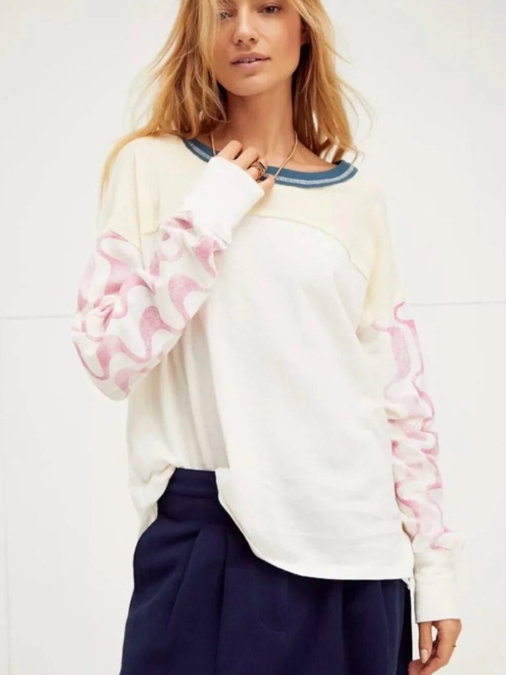 We The Free Gerri Tee Ivory Printed Sleeve Long Sleeve Top Boho Beach Coastal XS